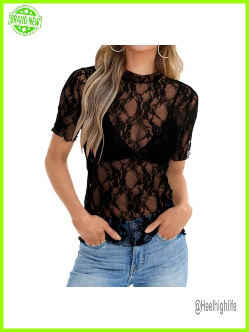 Women's Sheer Lace Mesh Top Long Sleeve See-Through Mock Neck Floral